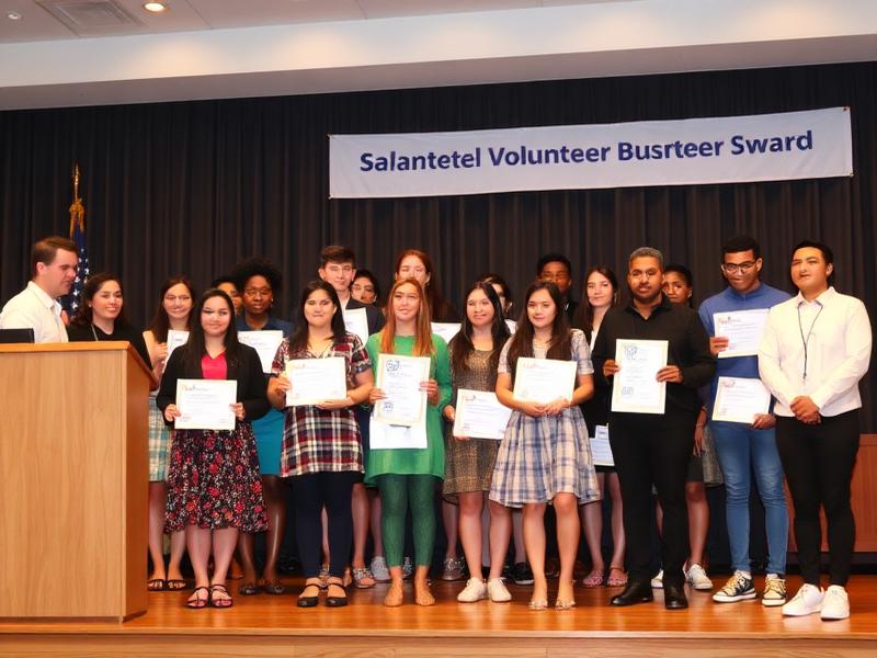 Students receiving volunteer service awards on stage