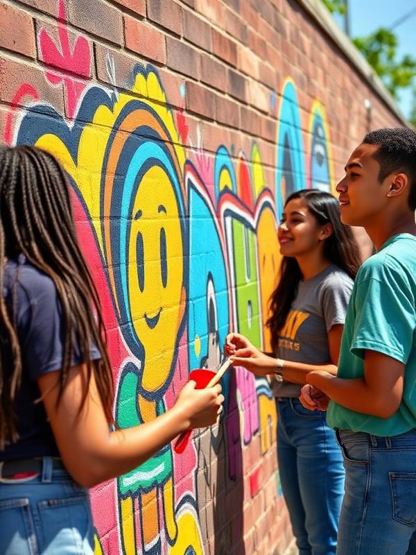 Teens painting a colorful community mural
