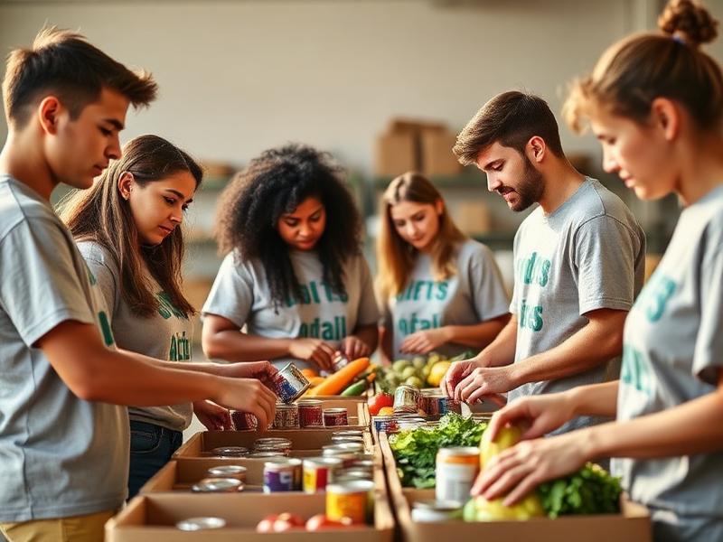 Students sorting food at a community food bank